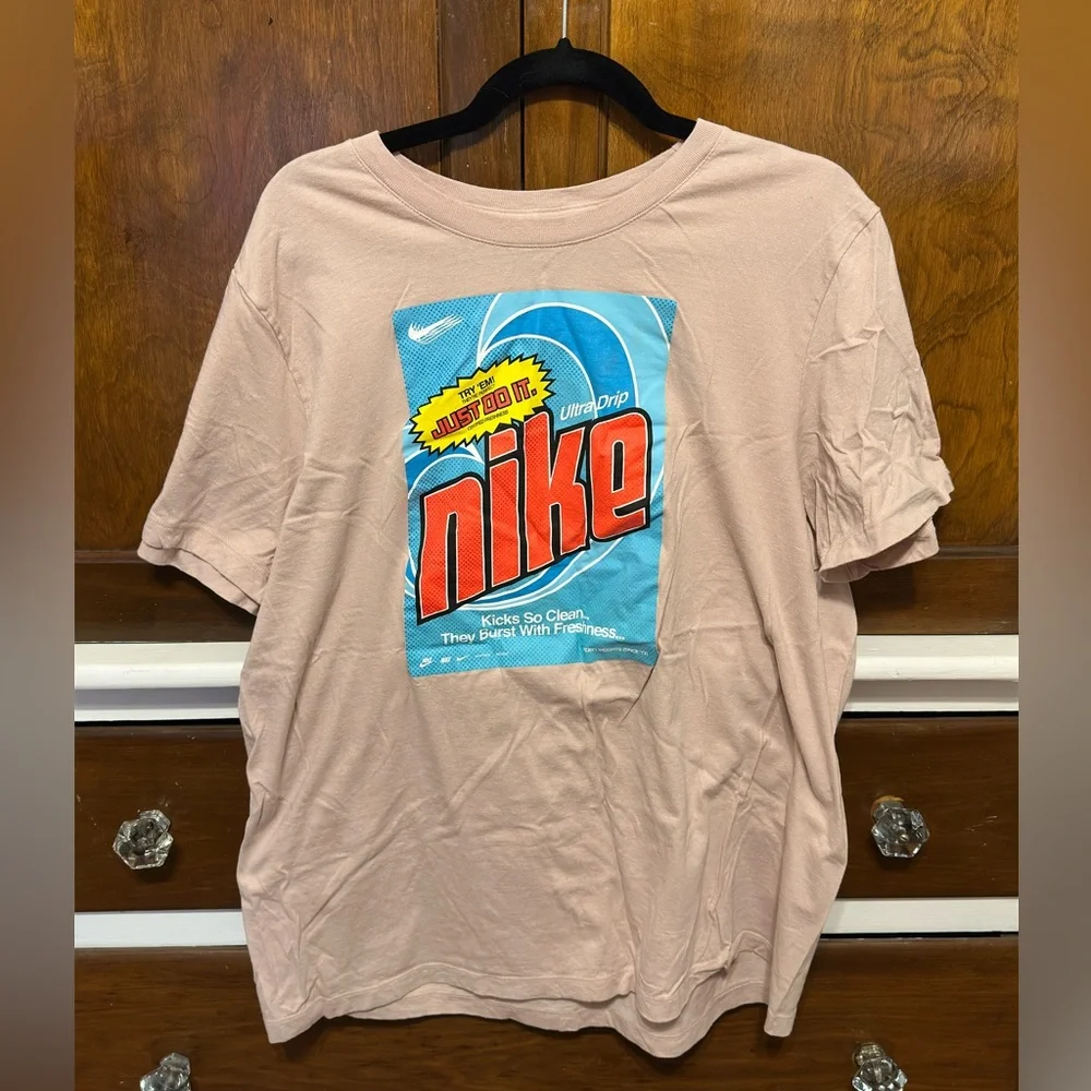 Nike Pink Short Sleeve Tee with Blue Graphic and Red Logo